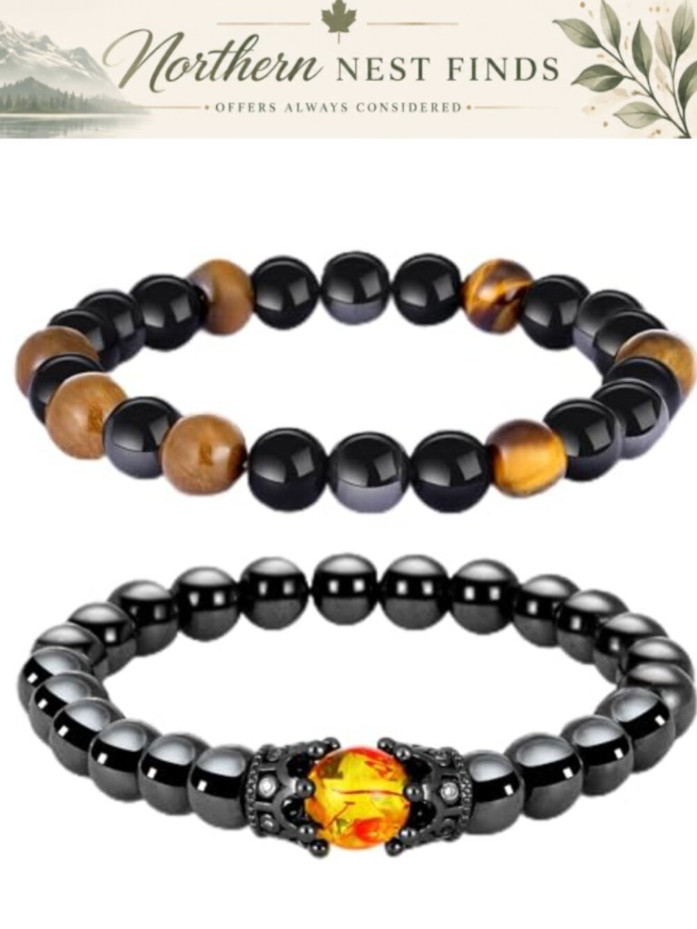8mm Hematite Magnetic Therapy Bracelet Set 2PC Obsidian Tiger's Eye